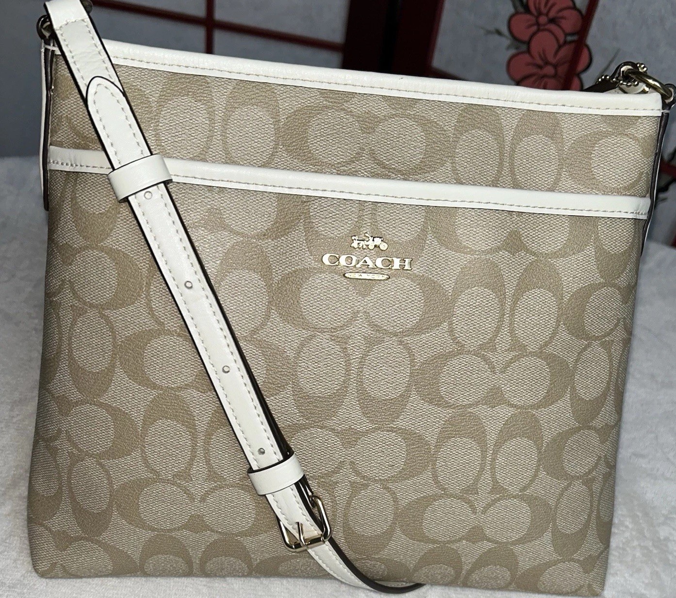 NEW WOT Coach Signature Zip File Khaki F29210 Crossbody Bag Zip Top Hangtag COA