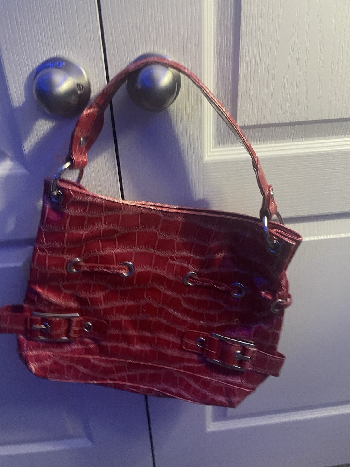 Red Croc Embossed Shoulder Bag Rectangle Silver Hardware Buckle Accent Lined