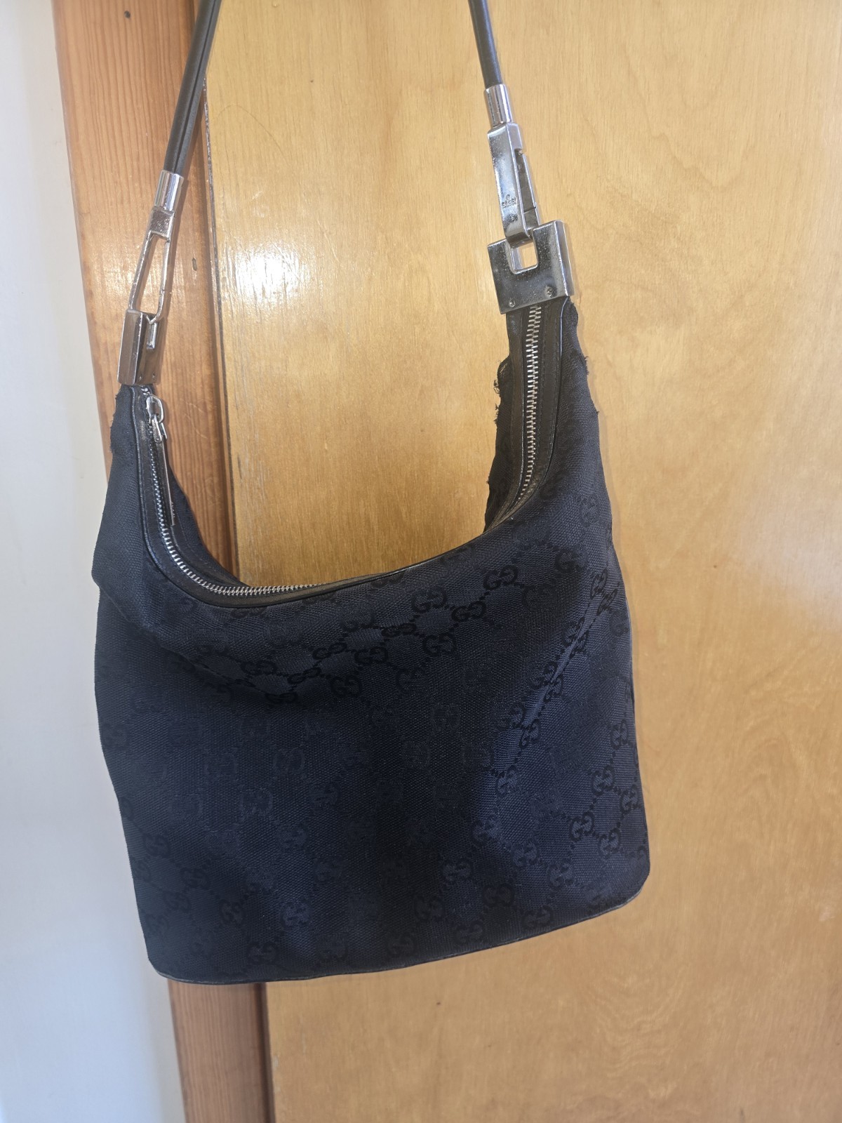 Vintage Gucci Black GG Canvas Shoulder Bag monogram pattern & silver hardware.