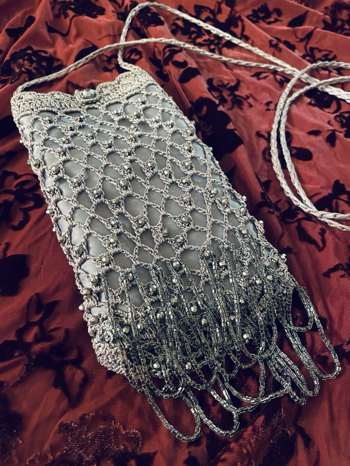 Women’s Crochet Beaded Fringe Crossbody Mini Bag Silver Grey Phone Fairy Mermaid