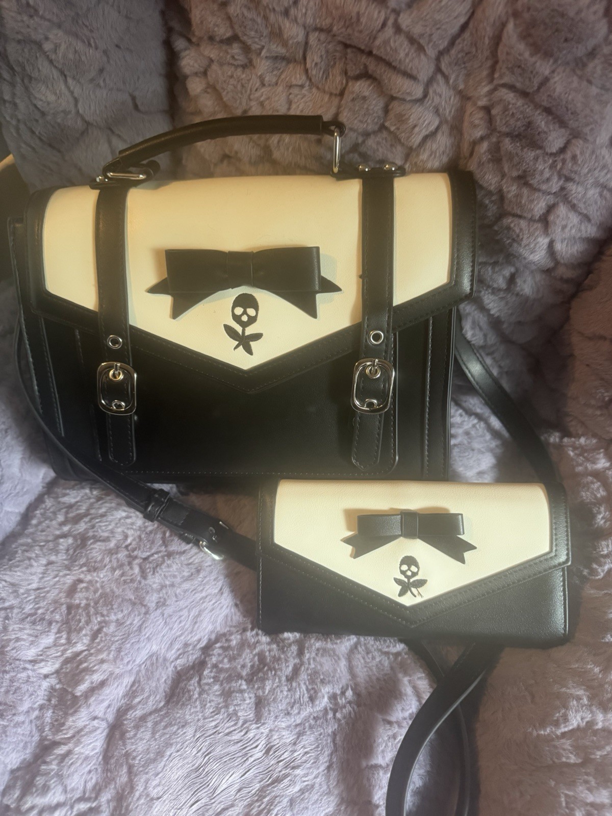 Black & White Gothic Skull Bow Satchel Top Handle Buckle Strap w/ Wallet
