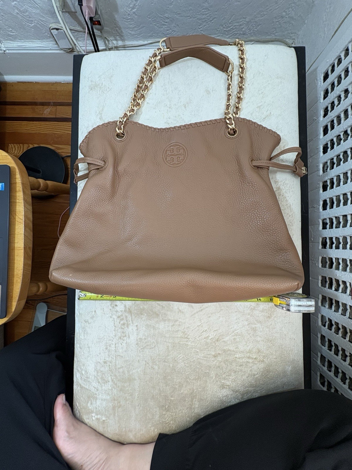 Tory Burch Pebbled Leather Chain Tote Shoulder Bag Camel Brown Gold Logo Large