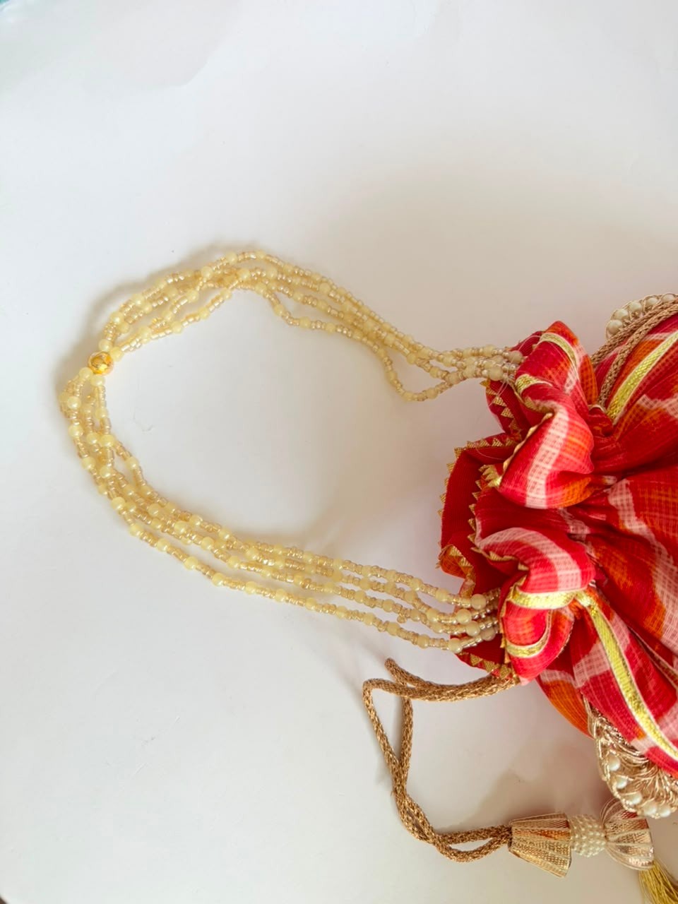 Indian Red Leheriya Gotta Handwork Flower with Pearl Lace and Handle Potli Bag