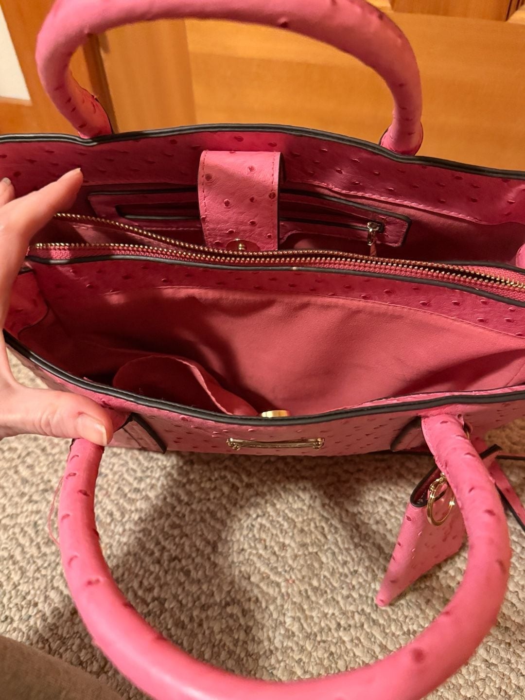 bebe Aubrey Faux Ostrich Pink Satchel with Matching Card Case