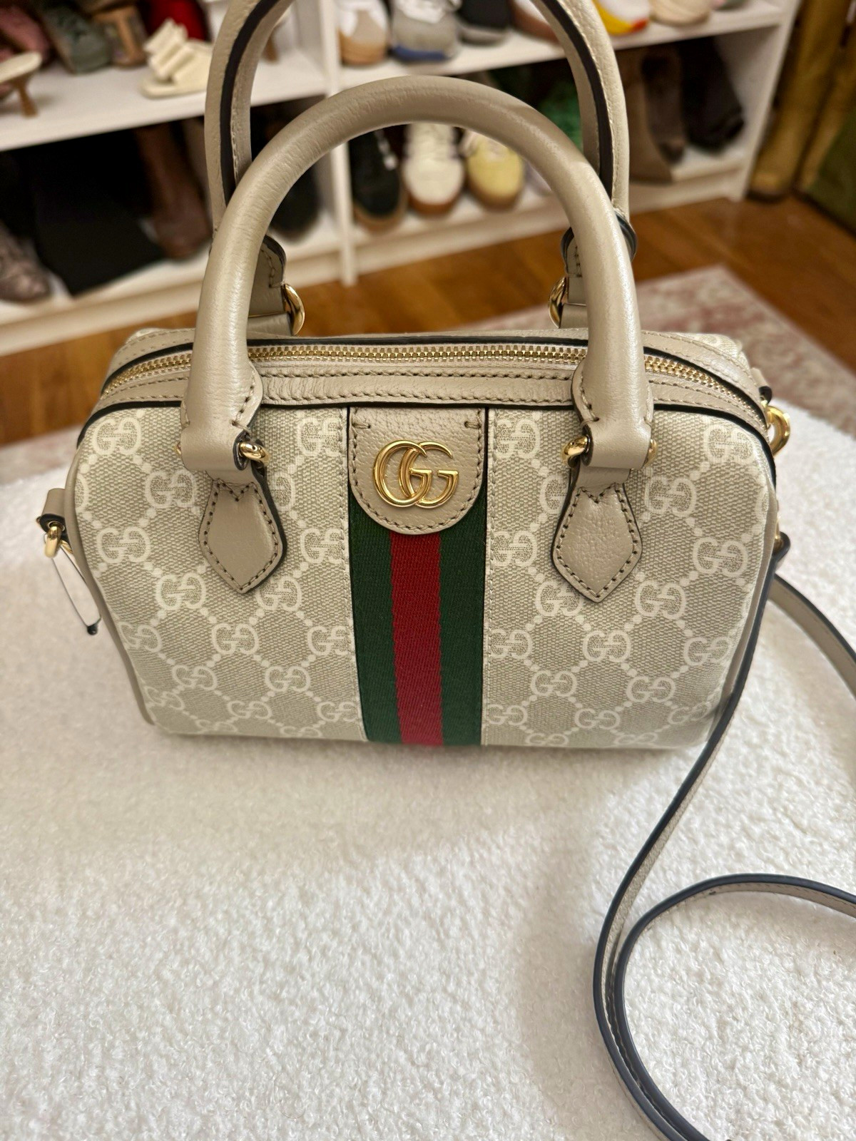 Gucci GG Monogram Web Stripe Zip Satchel Top Handle Bag Strap Dust Bag