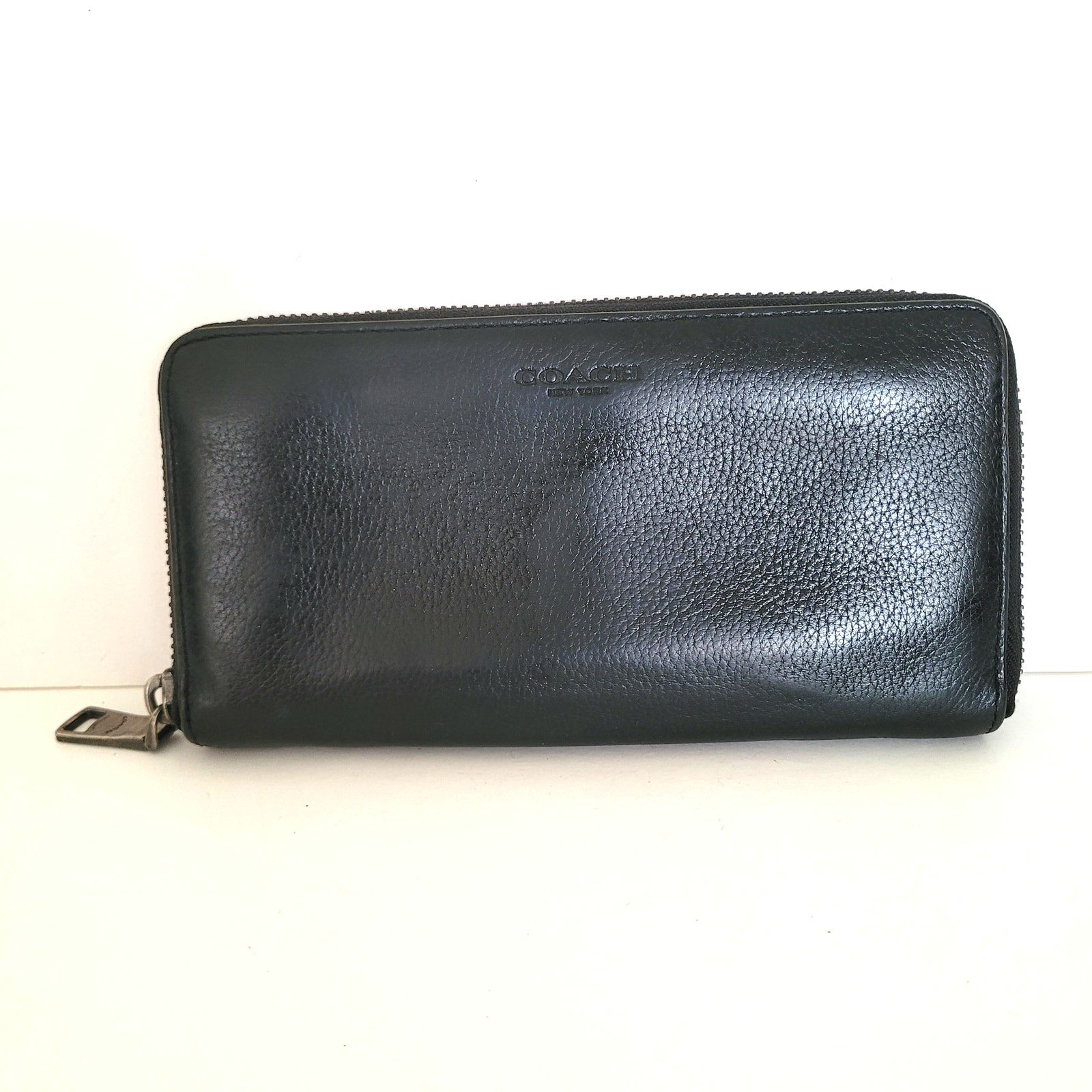 Coach Leather Wallet Solid Black Zip Around Large Clutch Classic Logo