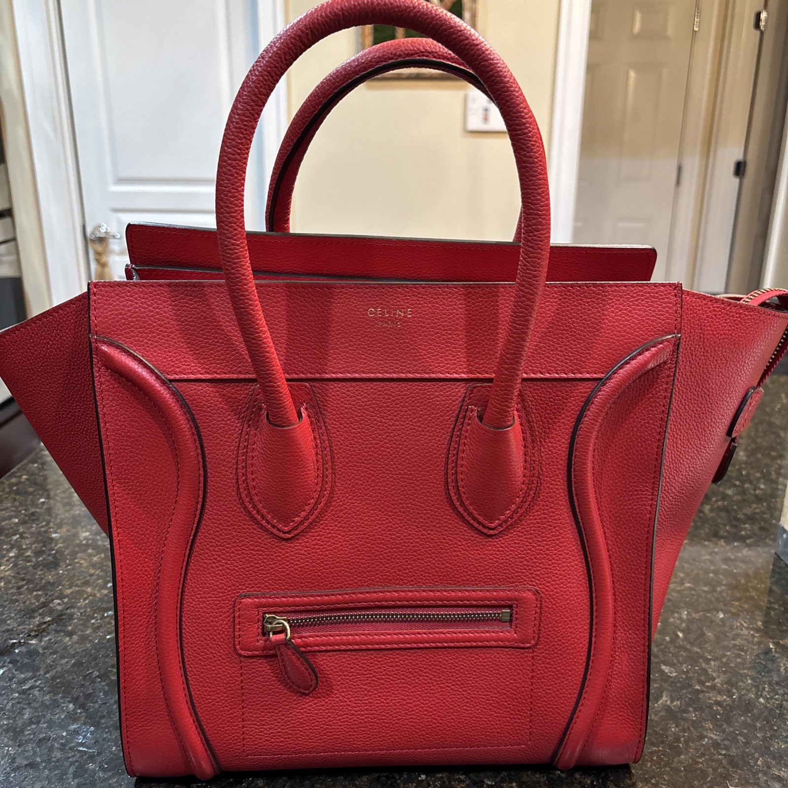 CELINE Micro Red Drummed Leather Luggage Tote Handbag