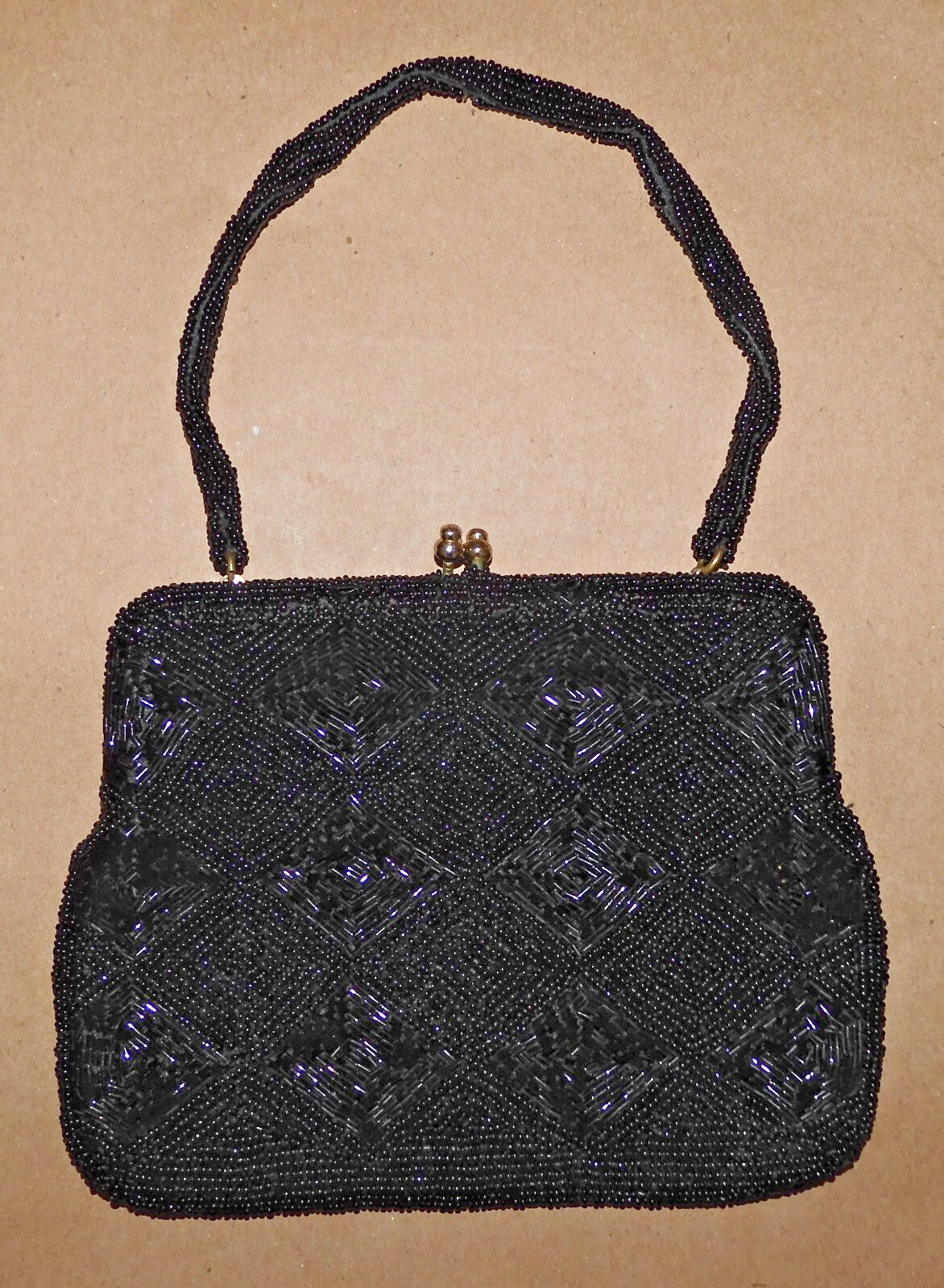 Vintage Walborg Belgium Black Beaded Evening Bag or Clutch with Diamonds Design