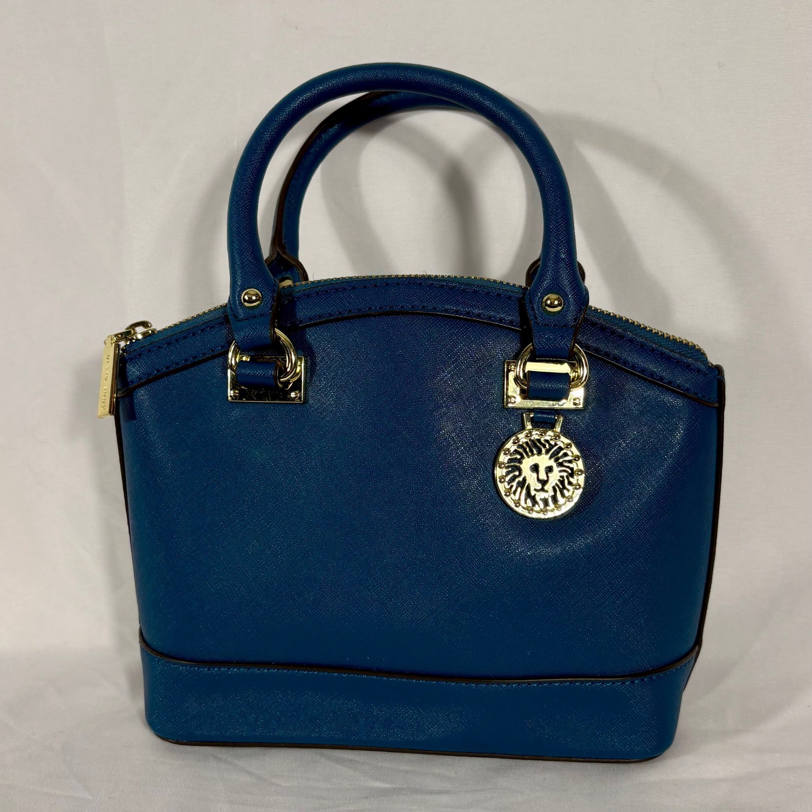 Anne Klein Blue Dome Satchel Handbag Lion Medallion Gold Hardware