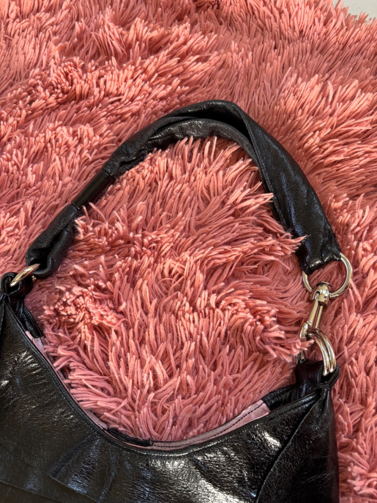 Sabrina New York Y2K Black Genuine Leather Ruffle Hobo Shoulder Bag