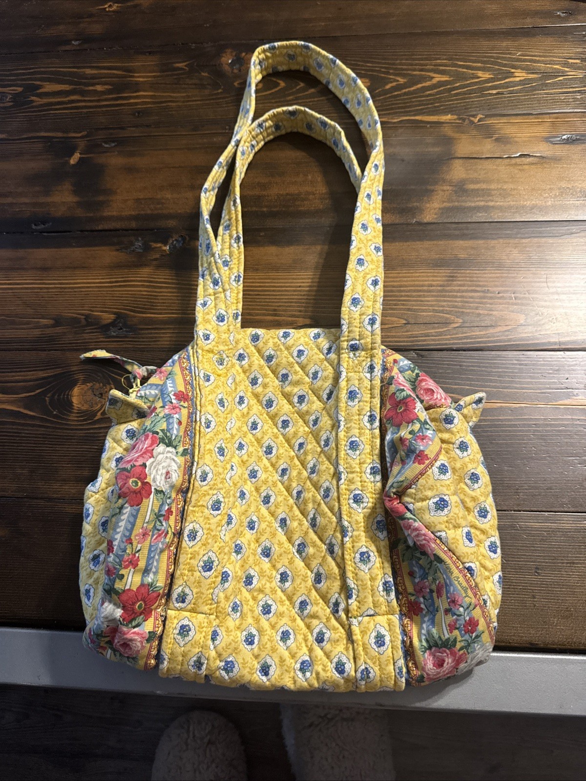 Vtg Vera Bradley Medium Duffle Tote ELIZABETH Pattern Yellow Floral Pink Rose