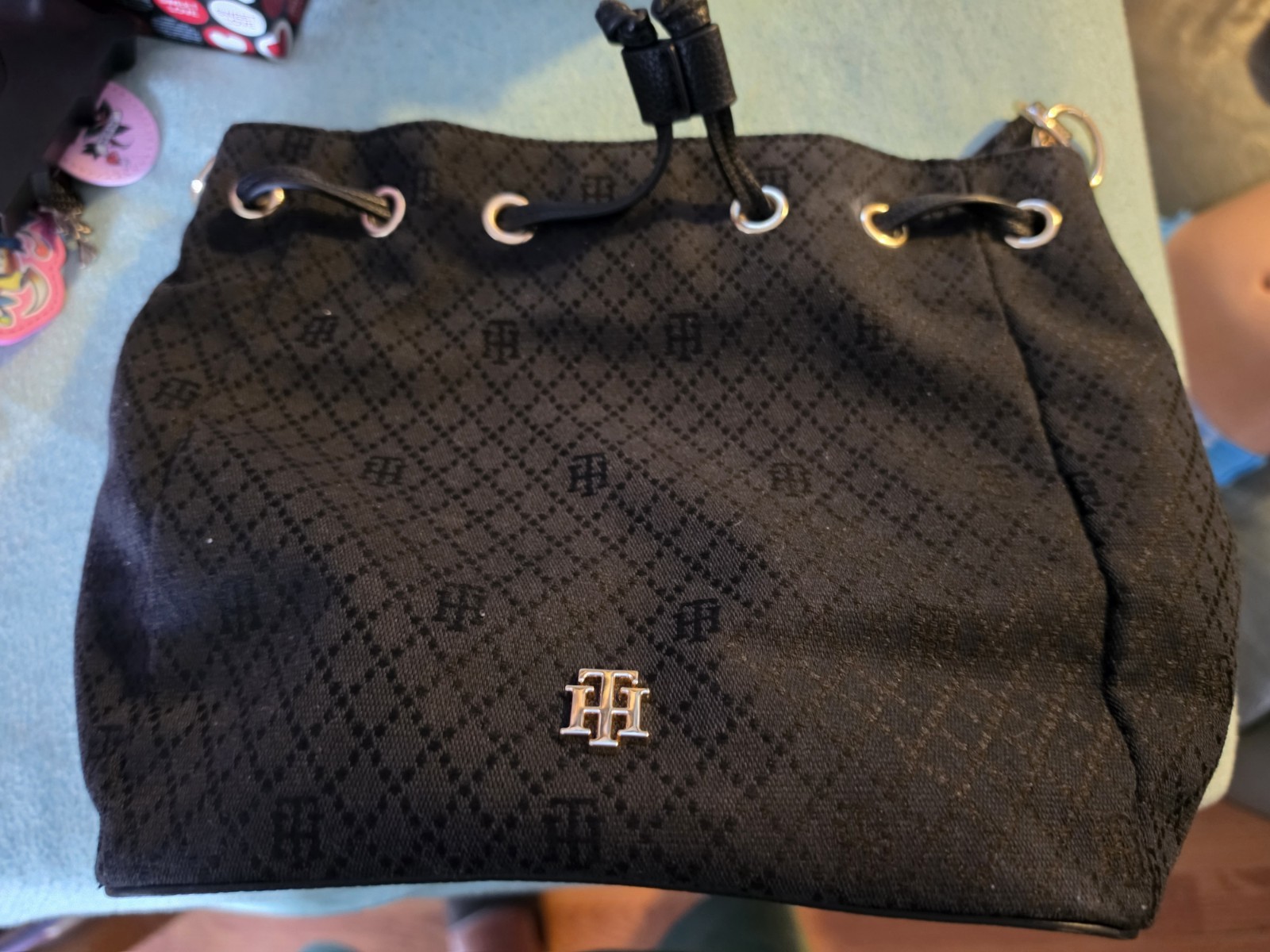 Tommy Hilfiger Black Monogram Drawstring Bucket Bag, Medium, Detachable Strap