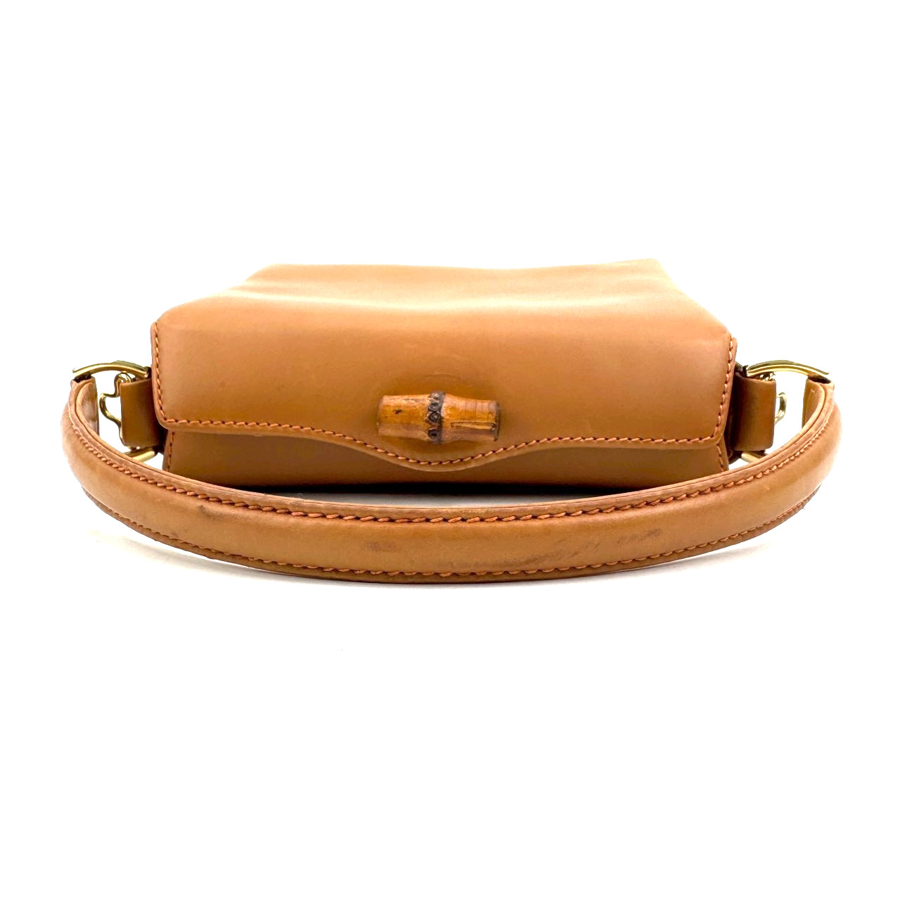 Gucci Vintage Bamboo Turn Lock Hand Bag Brown Camel Leather Authentic