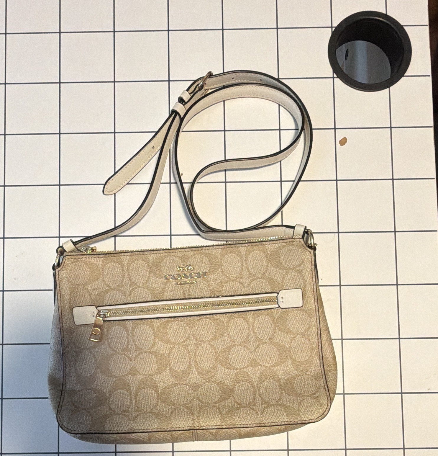 Coach Signature Logo Small Crossbody Bag Zip Top Beige Adjustable Strap