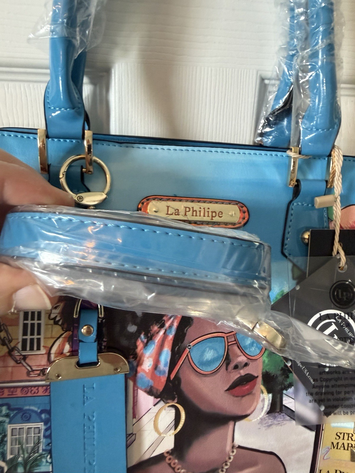 La Philipe Miami Graphic Print Satchel Top Handle Zip Studded Strap Blue