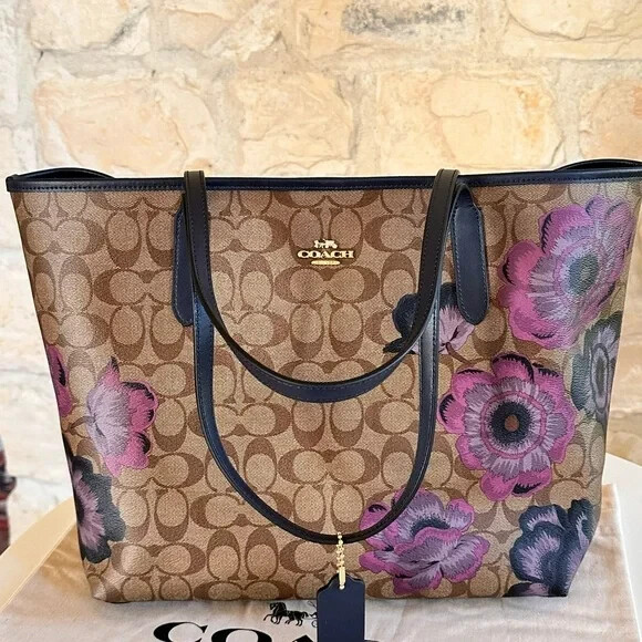 Coach City Tote Kaffe Fassett Floral Signature handbag/wallet brown Purple NWT