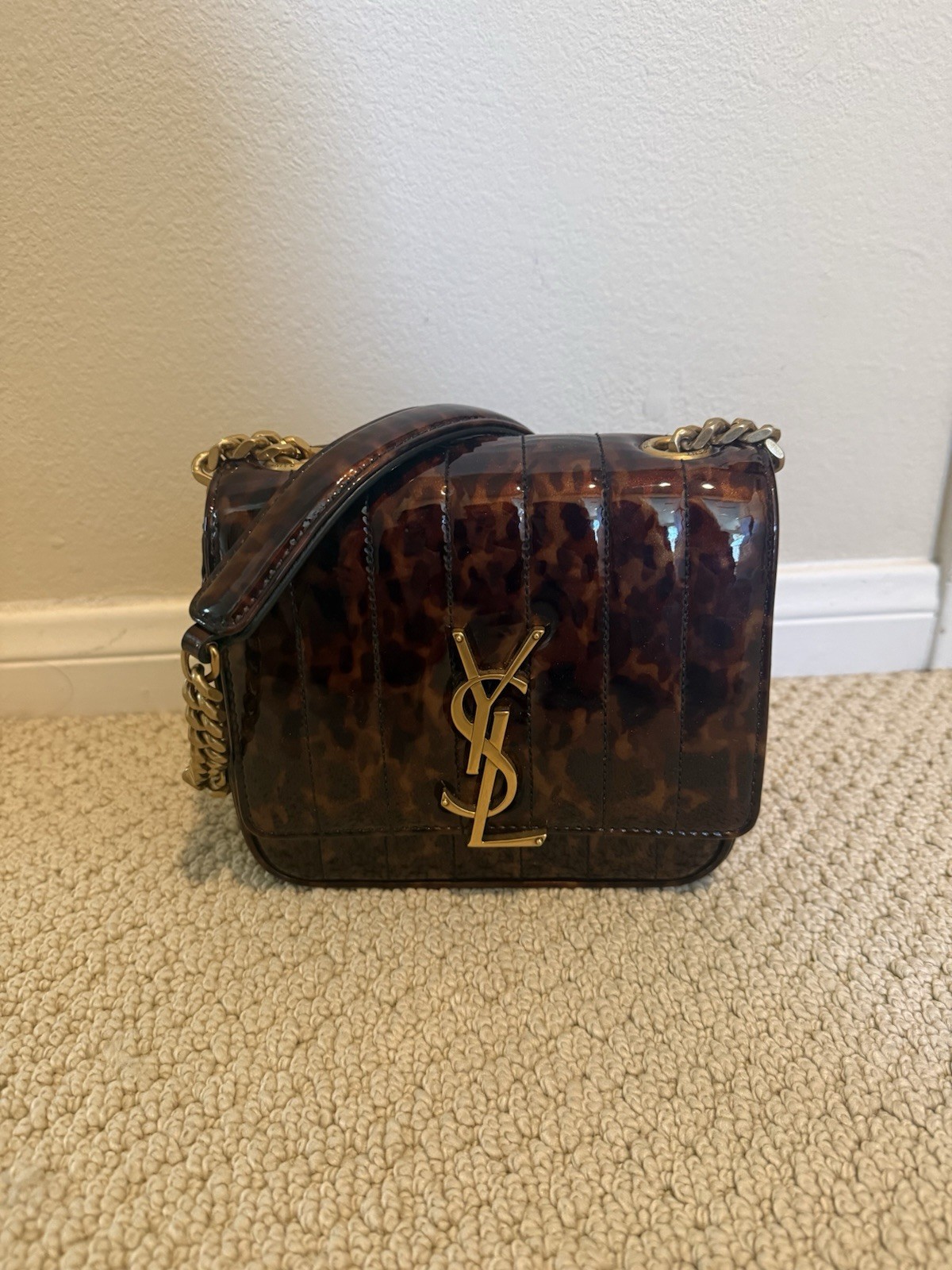 Saint Laurent Vicky Patent Tortoise Brown Chain Shoulder Bag