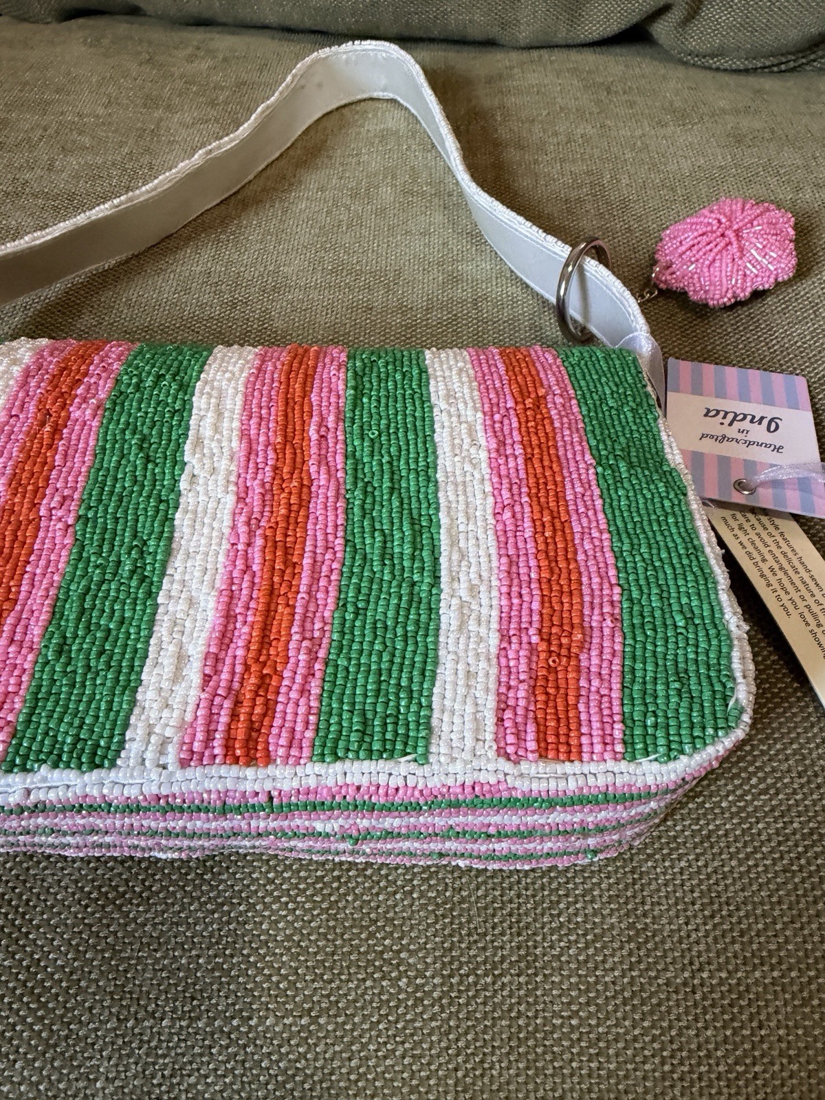 Handmade Beaded in India Shoulder Bag Striped Polka Dot Pink Green w/Charm Viral
