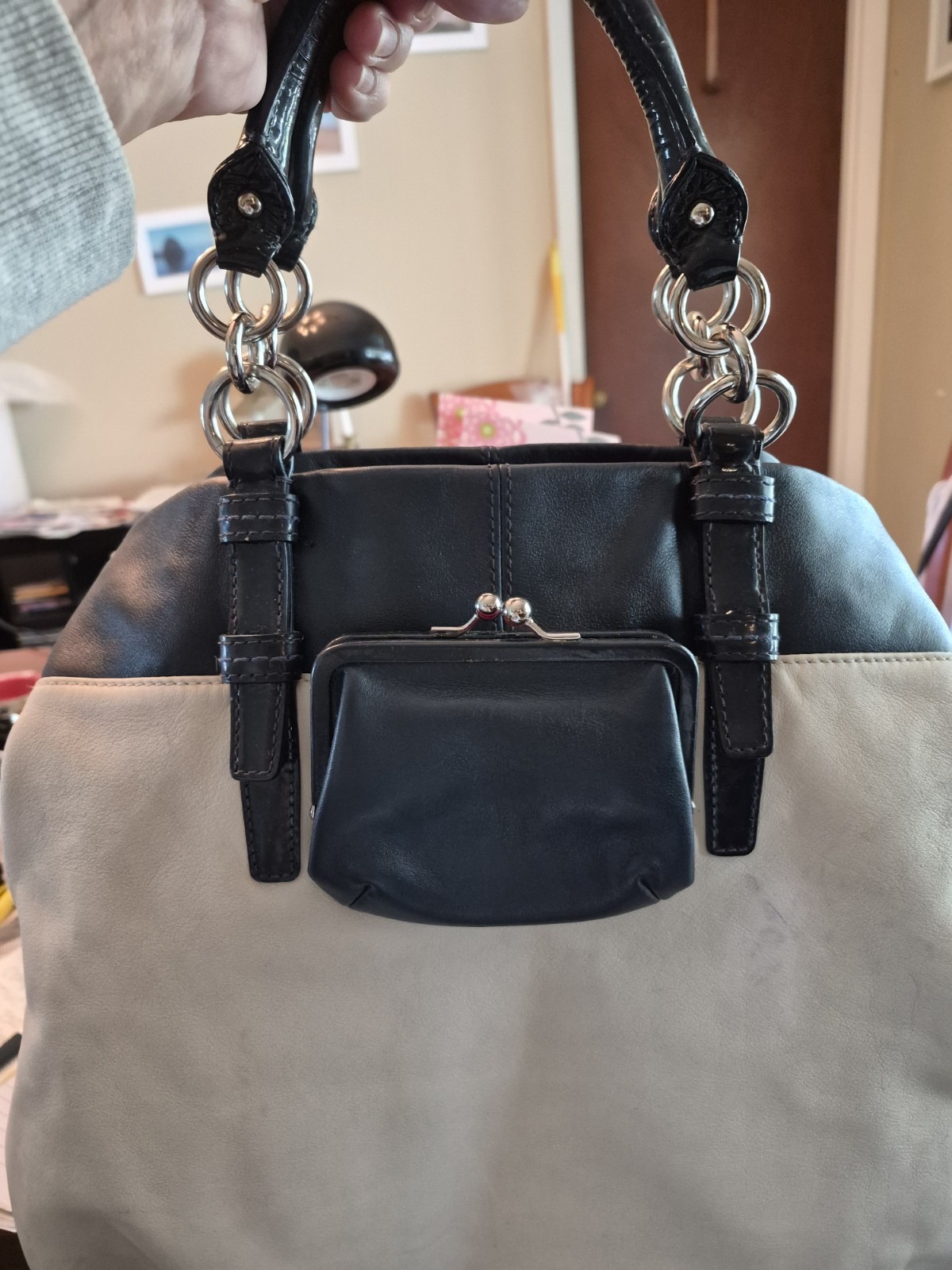 Coach #13389 Bonnie Cashin Like Cream And Navy Kisslock Foldover/ Shopper Tote.
