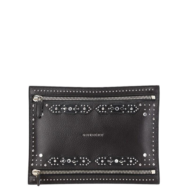 Givenchy Pandora Clutch Leather Black Silver Womens Studded Jeweled Zipper