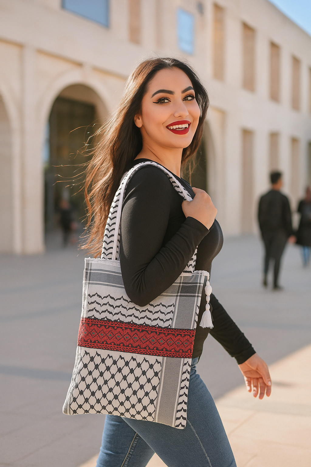 Kufiya Fabric Shoulder Bag | Embroidered Tatreez Strap | College/University Tote