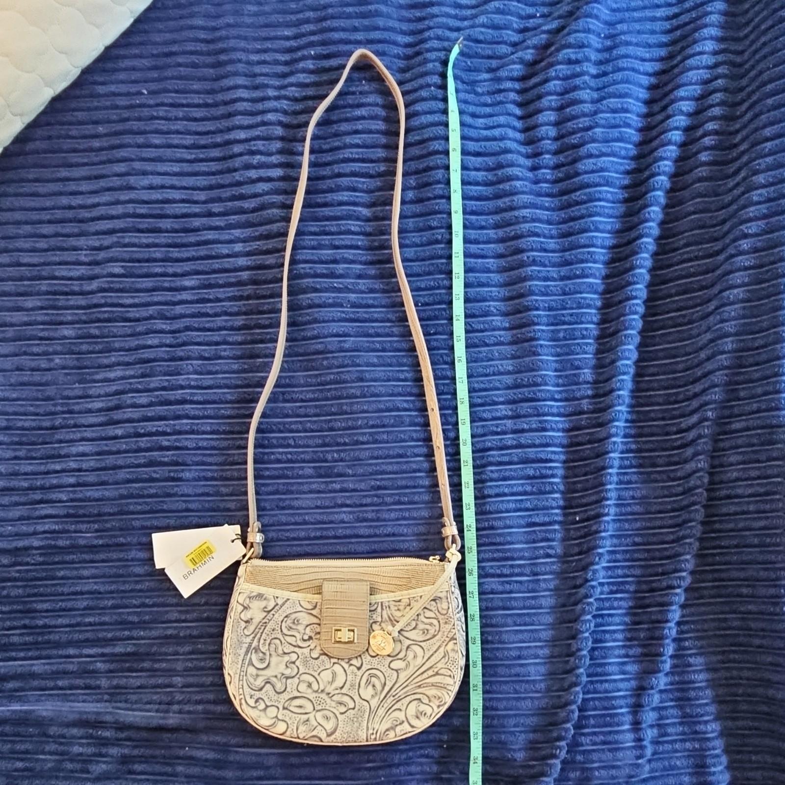 NWT Brahmin Beige Embossed Floral Small Crossbody Bag Turn Lock Zip w/ Dust Bag