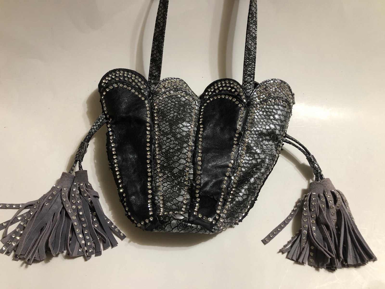 Vintage Blue Elegance, Black and Gray Shoulder, Hand Bag, Purse