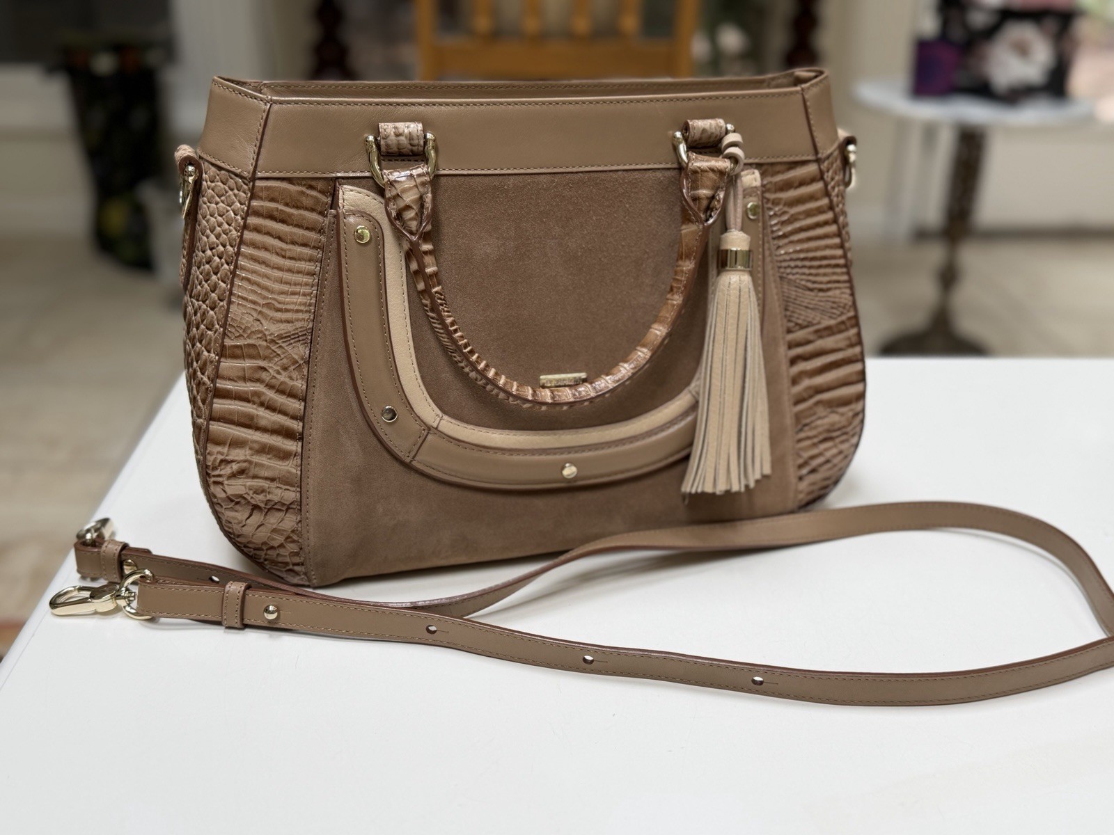 🤍🤎 Brahmin TRAVERTINE BREVIK RAELYNN Satchel EUC Sophisticated & RARE