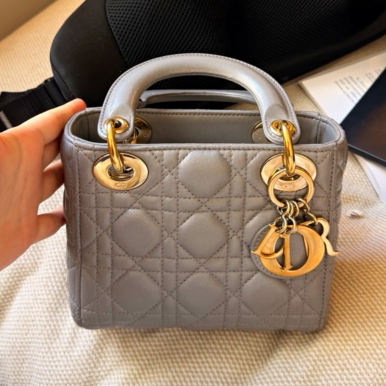 Christian Dior Lady Dior Mini Top Handle Bag Gray Cannage w/Dust Bag