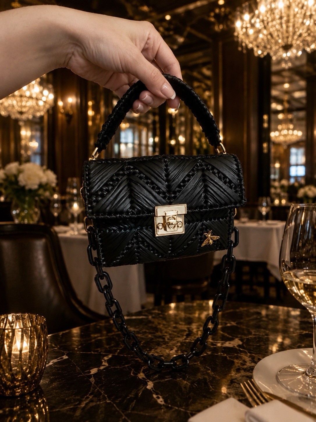 Сумки Handmade Black Woven Handbag with Chain Strap – Elegant Crossbody Purse