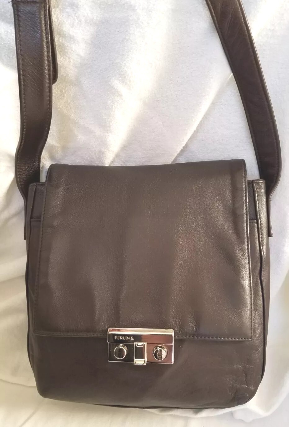 Perlina New York Crossbody Soft Buttery Leather Handbag Purse Brown Pre Owned