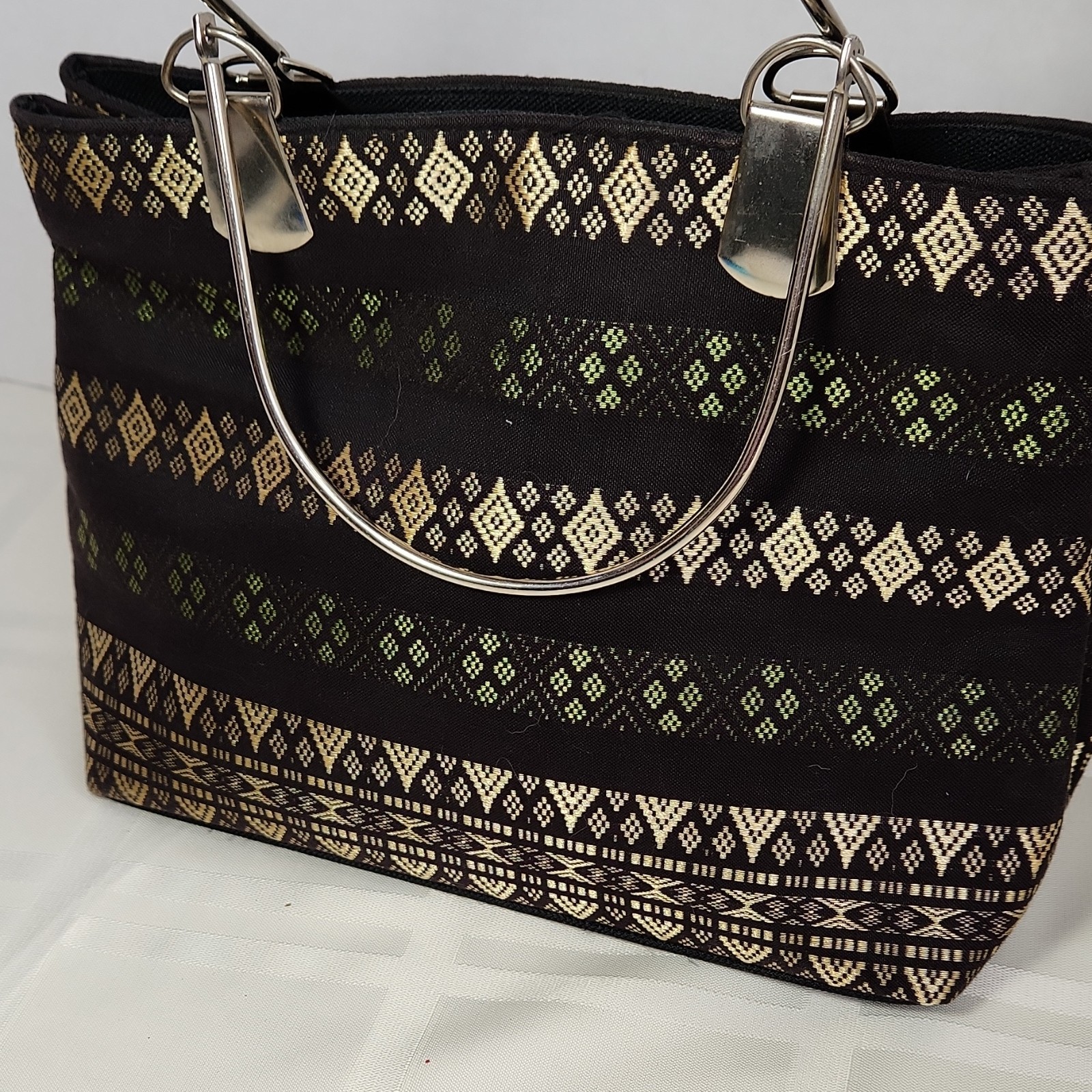 Geometric Tribal Bag Black Beige Green Metal Handles Zip Closure