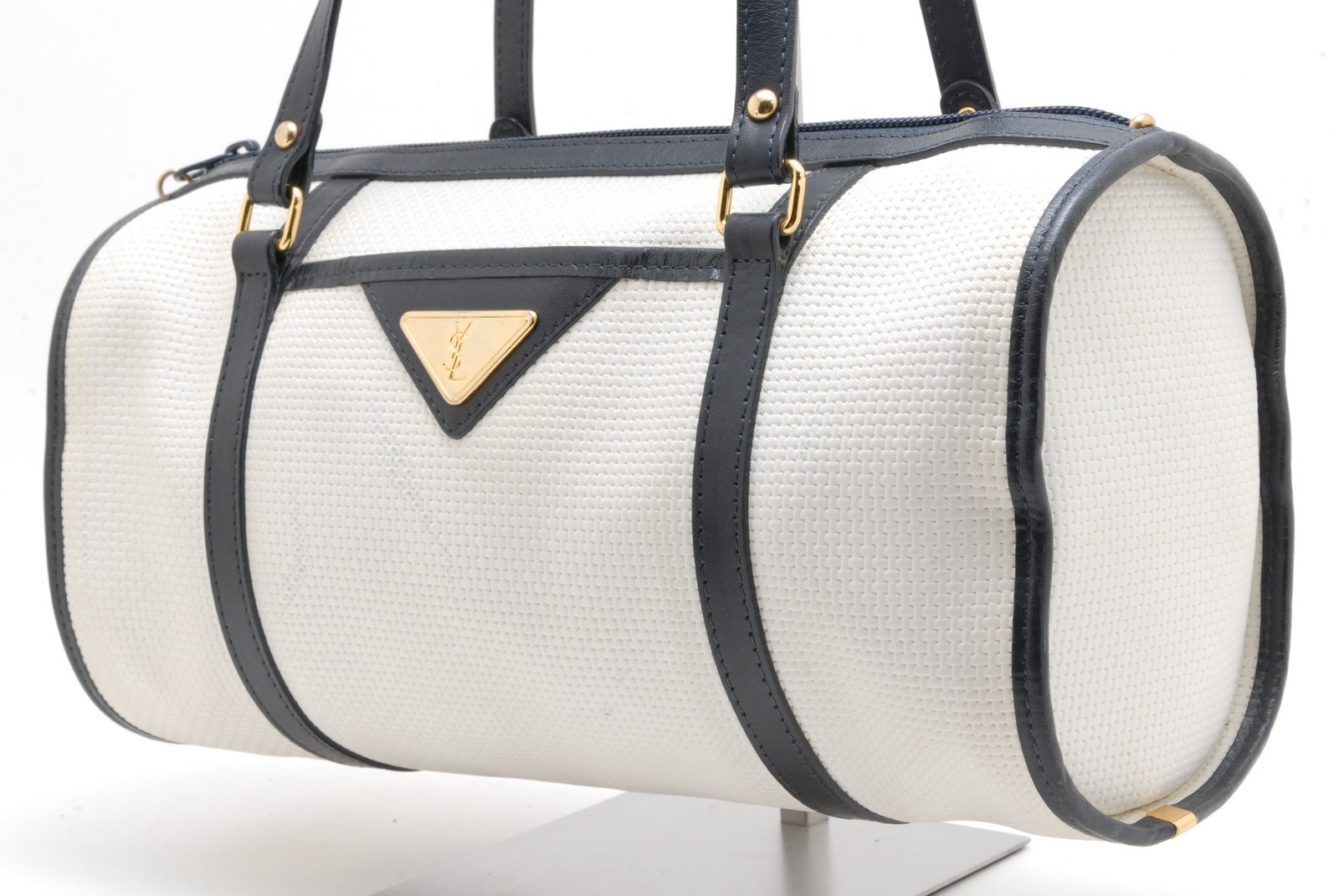 Yves Saint Laurent Vintage White Navy Boston Handbag Gold Logo YSL
