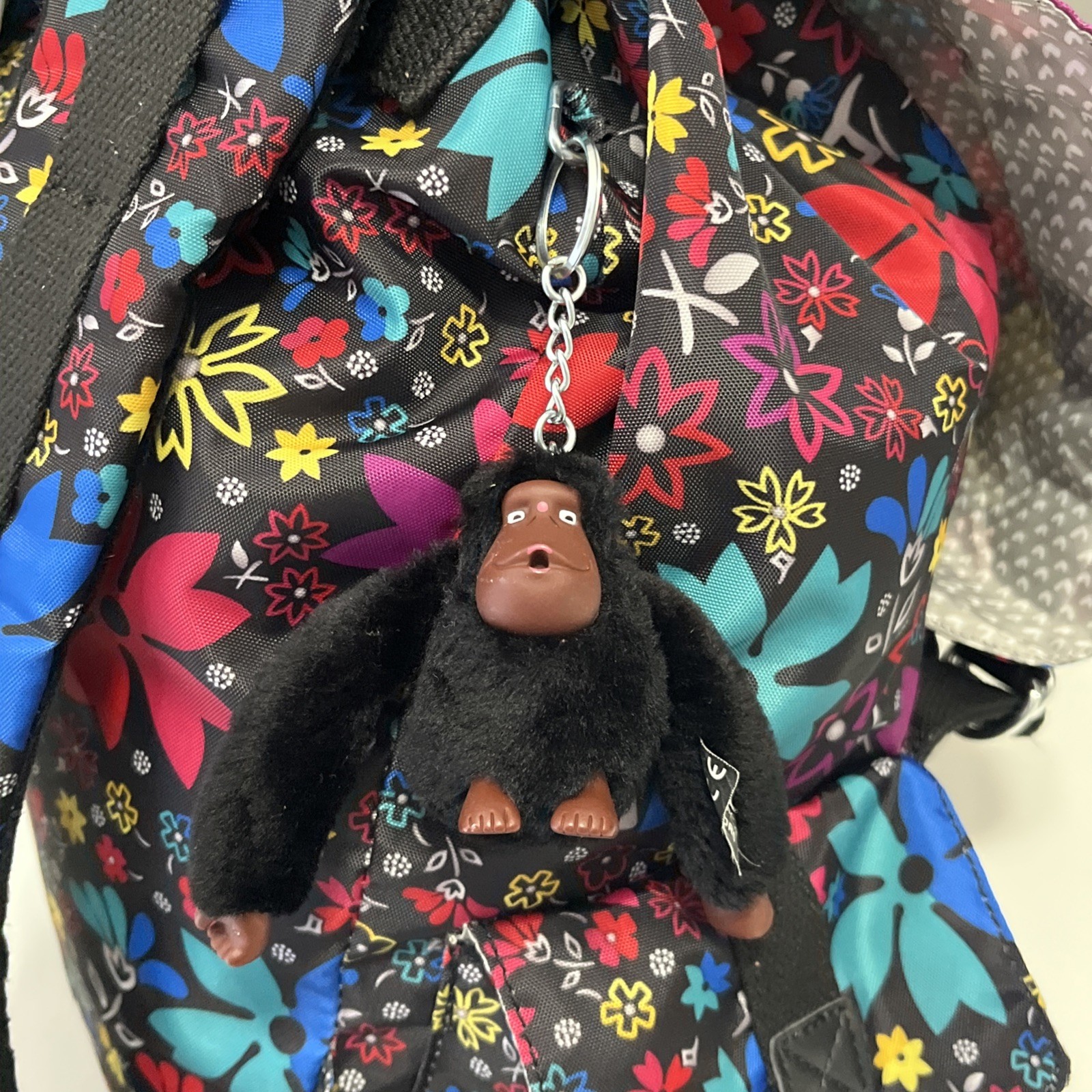 Kipling Backpack Floral Monkey Keyring Pink Blue Red Drawstring Multicolor