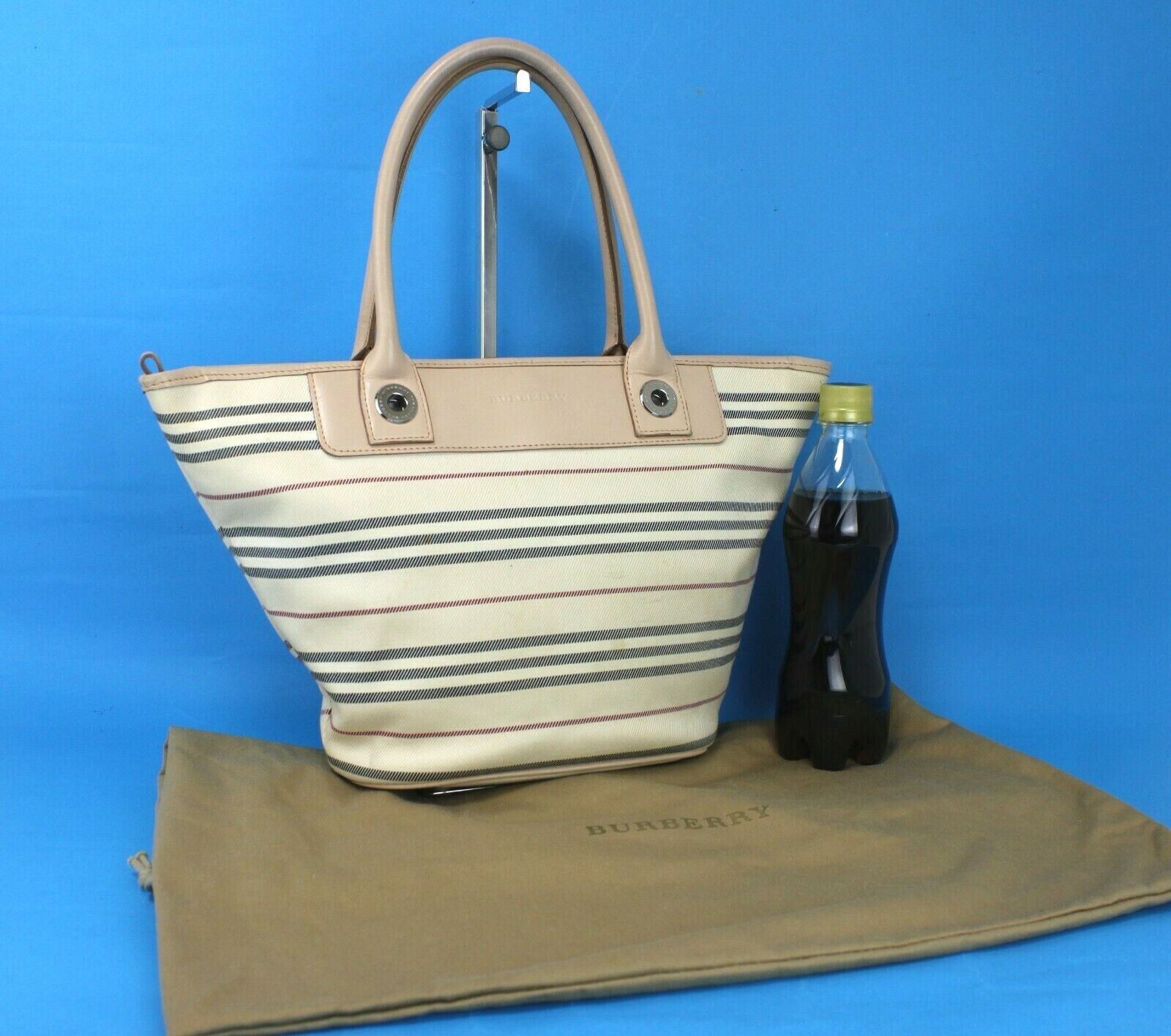 Burberry Beige Canvas & Leather Striped Tote Hand Bag Shoppers Bag Purse Used