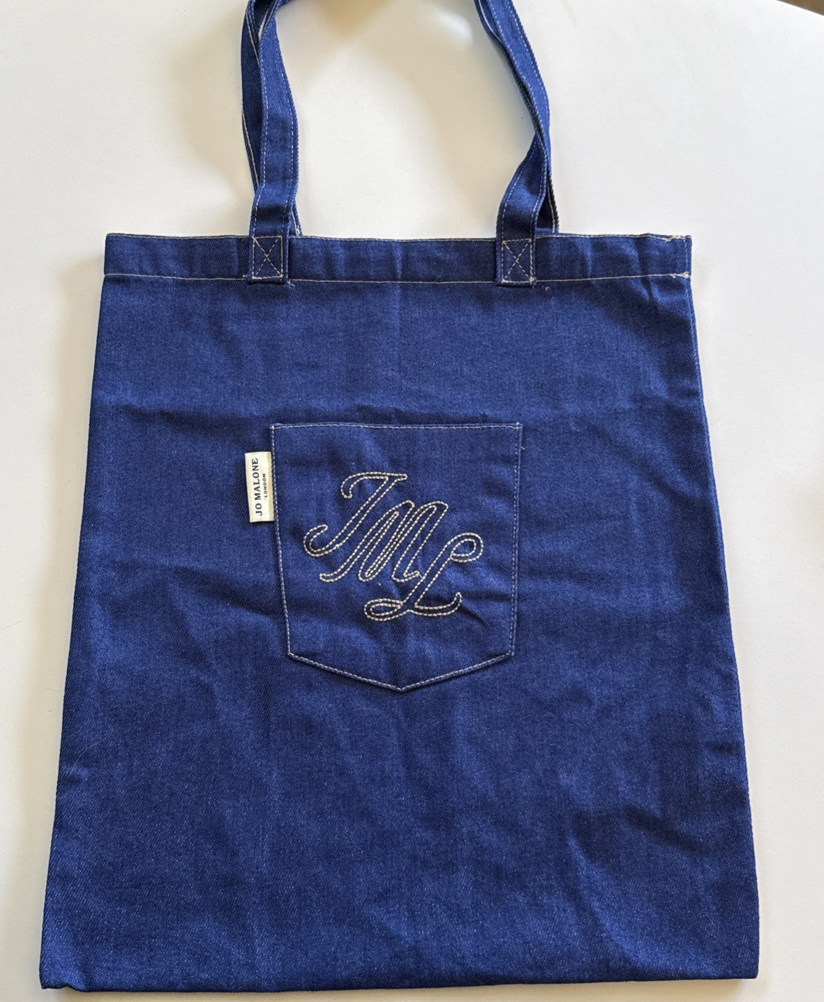 Jo Malone London Blue Denim Tote Bag Embroidered Pocket Accent Women’s
