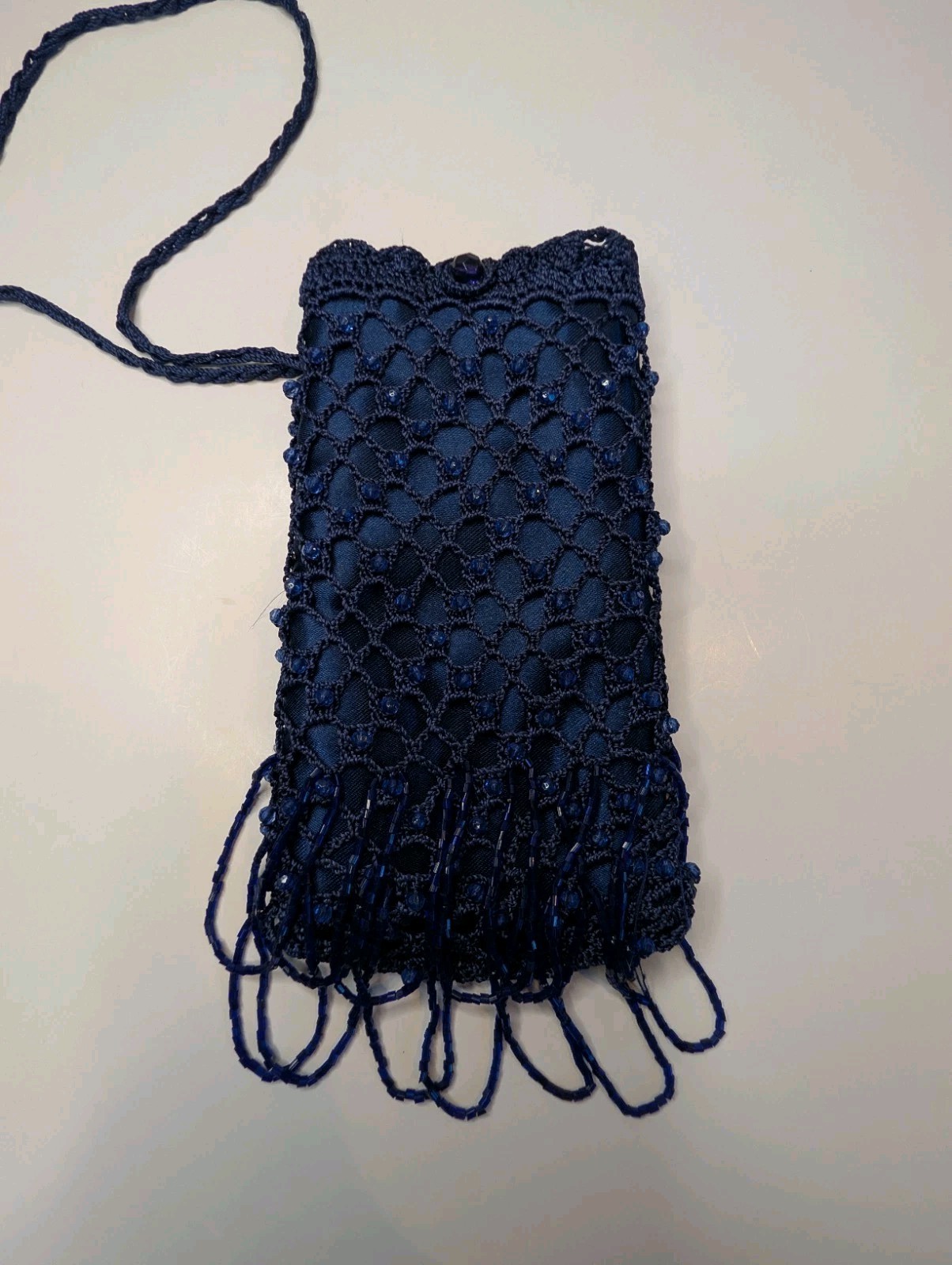 Blue Crochet Beaded Fringe Crossbody Bag Button Closure Lined Solid