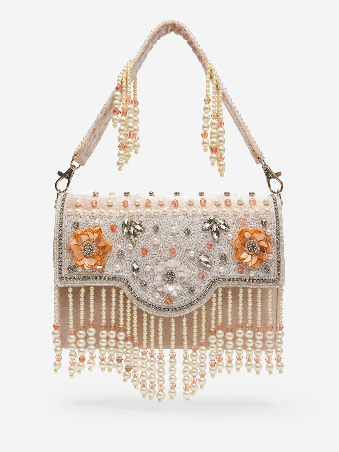 LuxeNest Pearl Beaded Evening Clutch Bag Floral Wedding Party Shoulder Handbag