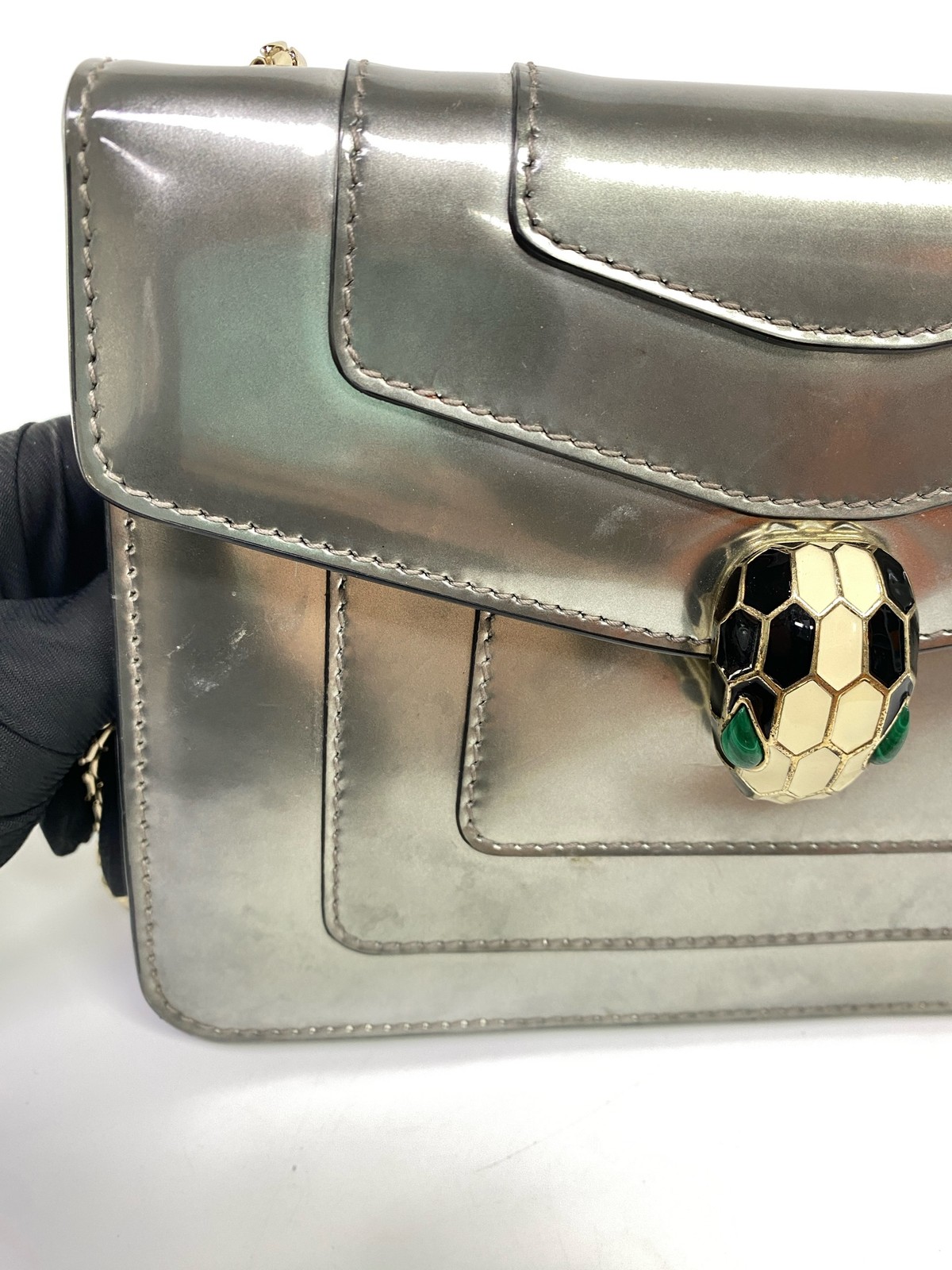 Bvlgari Serpenti Forever Small Flap Crossbody Metallic Silver Patent Leather Bag