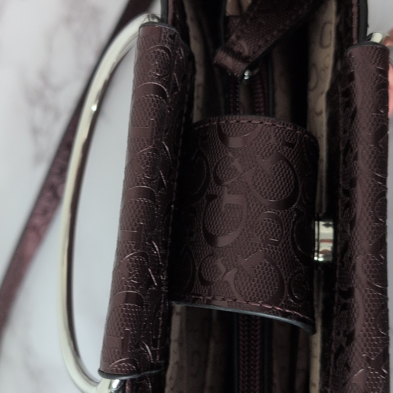 GUESS Wine Embossed Logo Satchel Top Handle Bag, Detachable Crossbody Strap