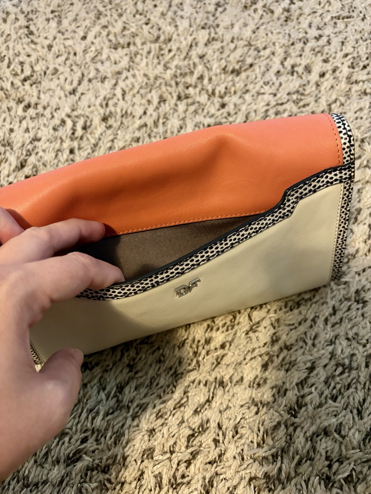 Diane Von Furstenberg Leather Bag Coral And Cream Removable Silver Strap DVF