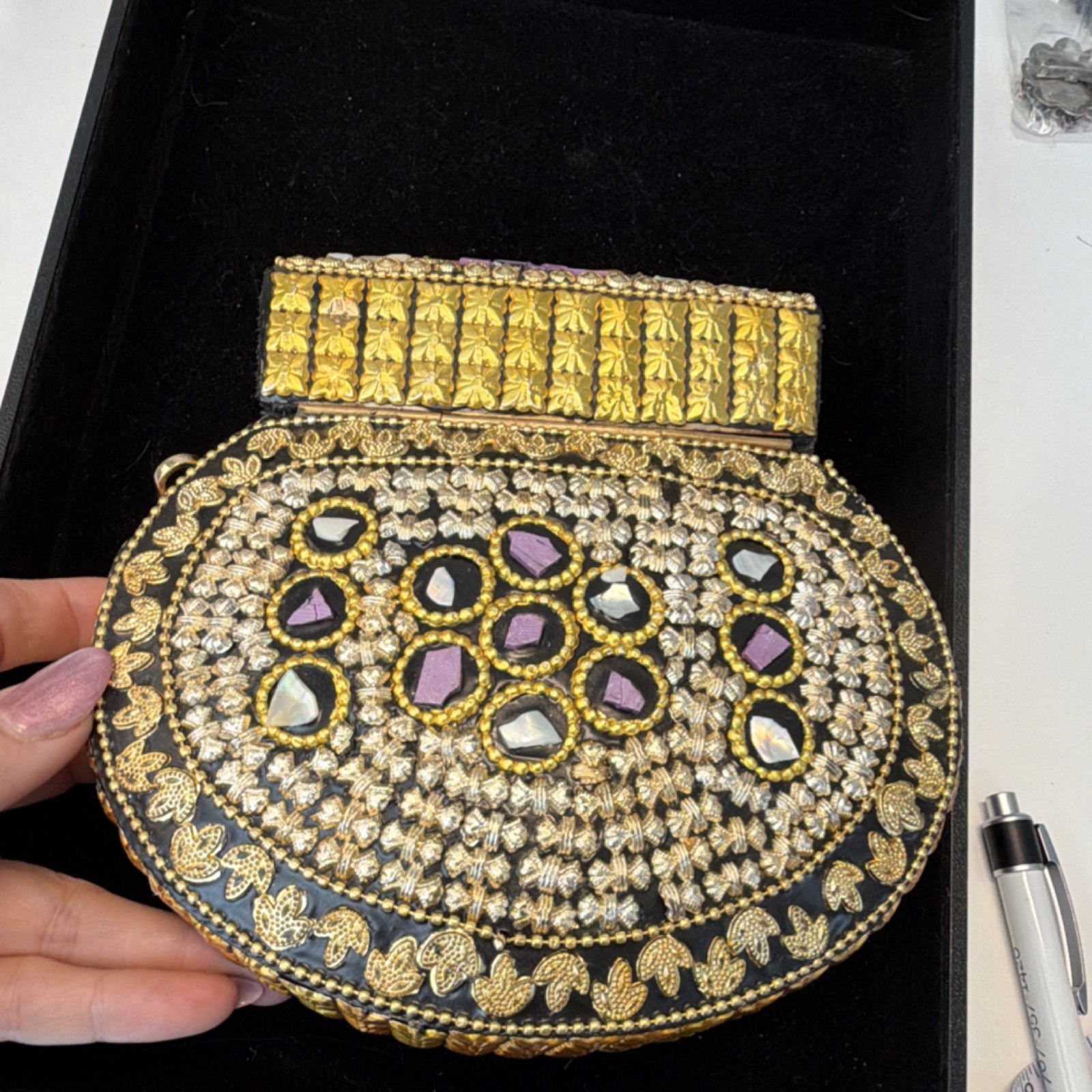 Ramla Beverly Hills purple mosaic stone MOP shell with gold details