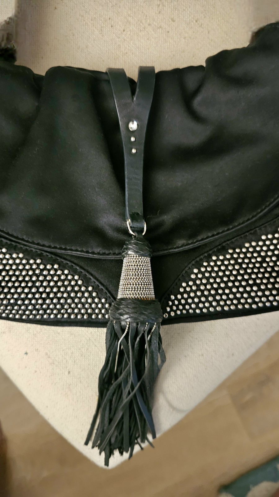Francesco Biasia Black & Silver Leather accents Bag With Tassel Stud details EUC