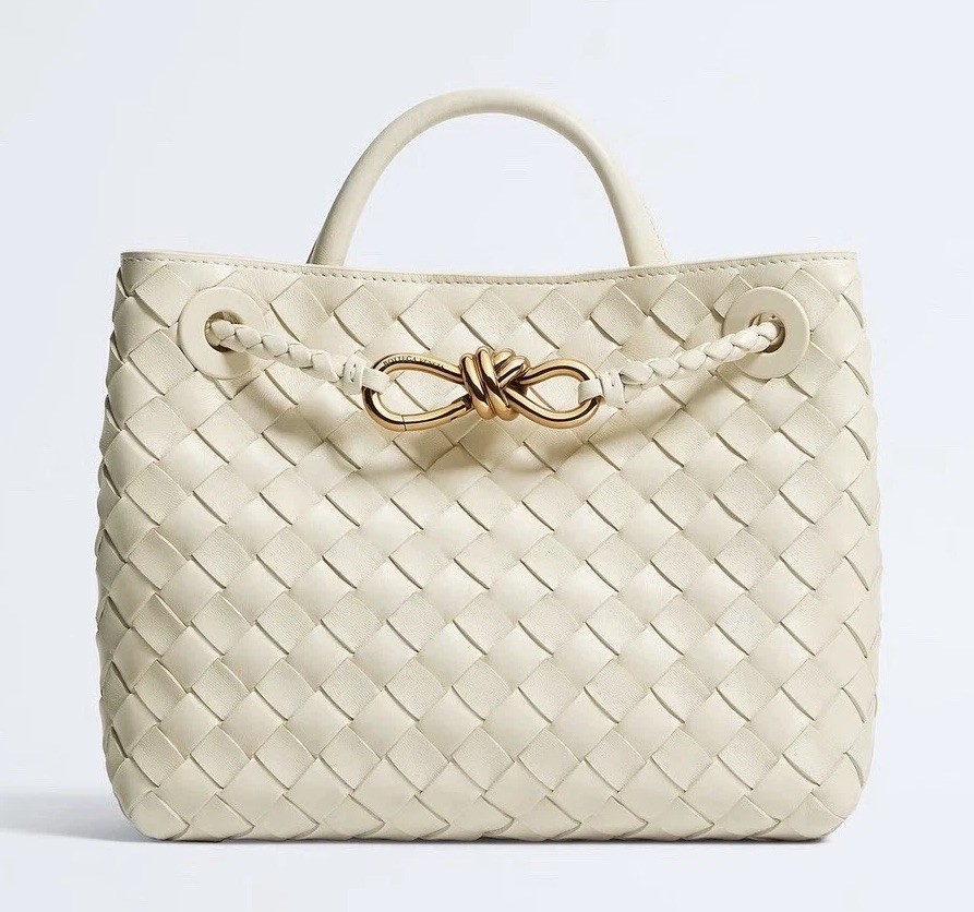 Authentic Bottega Veneta Ivory Intrecciato Top Handle Drawstring Bag Gold Knot