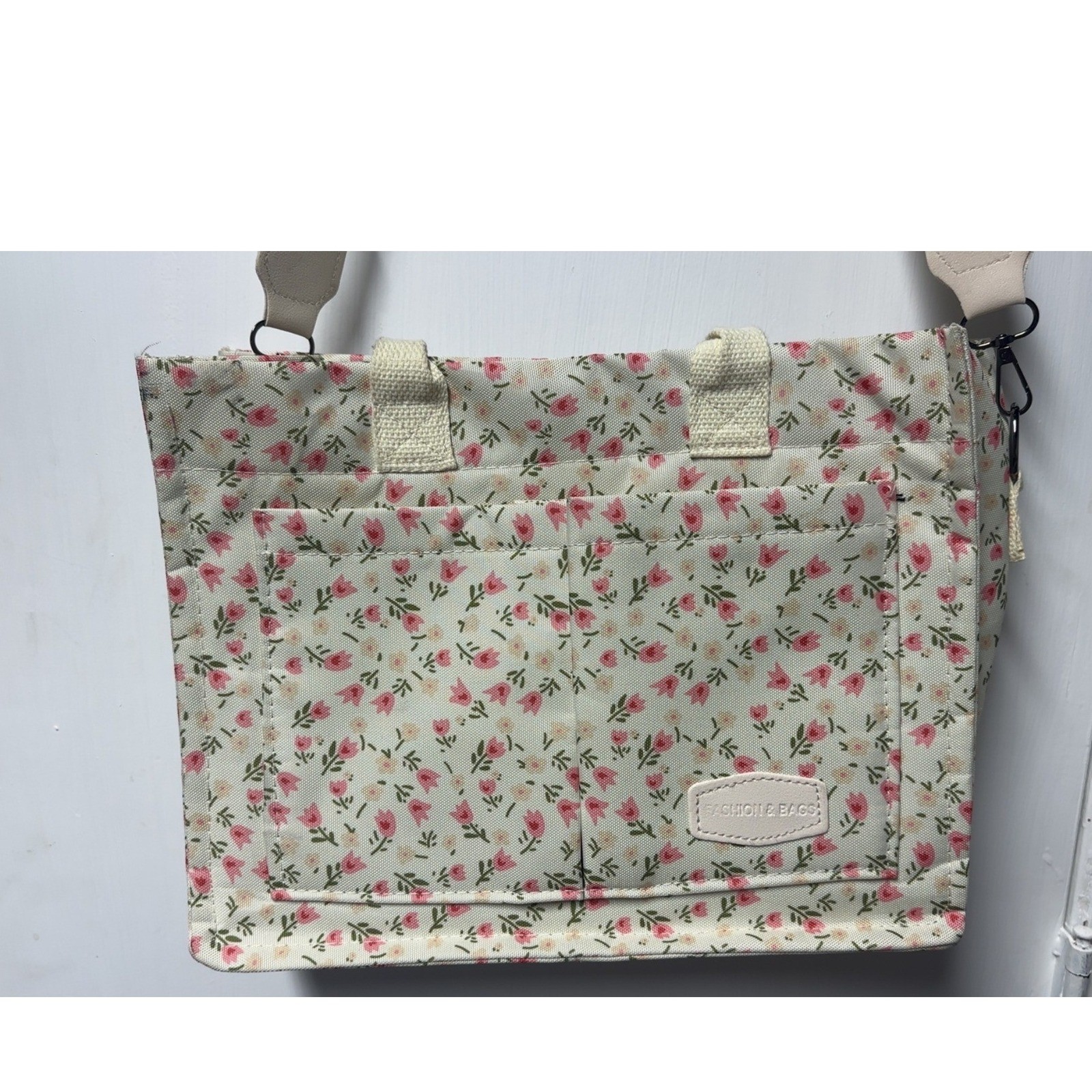 Floral Canvas Pink Cream Tulip PrintTote Crossbody Bag