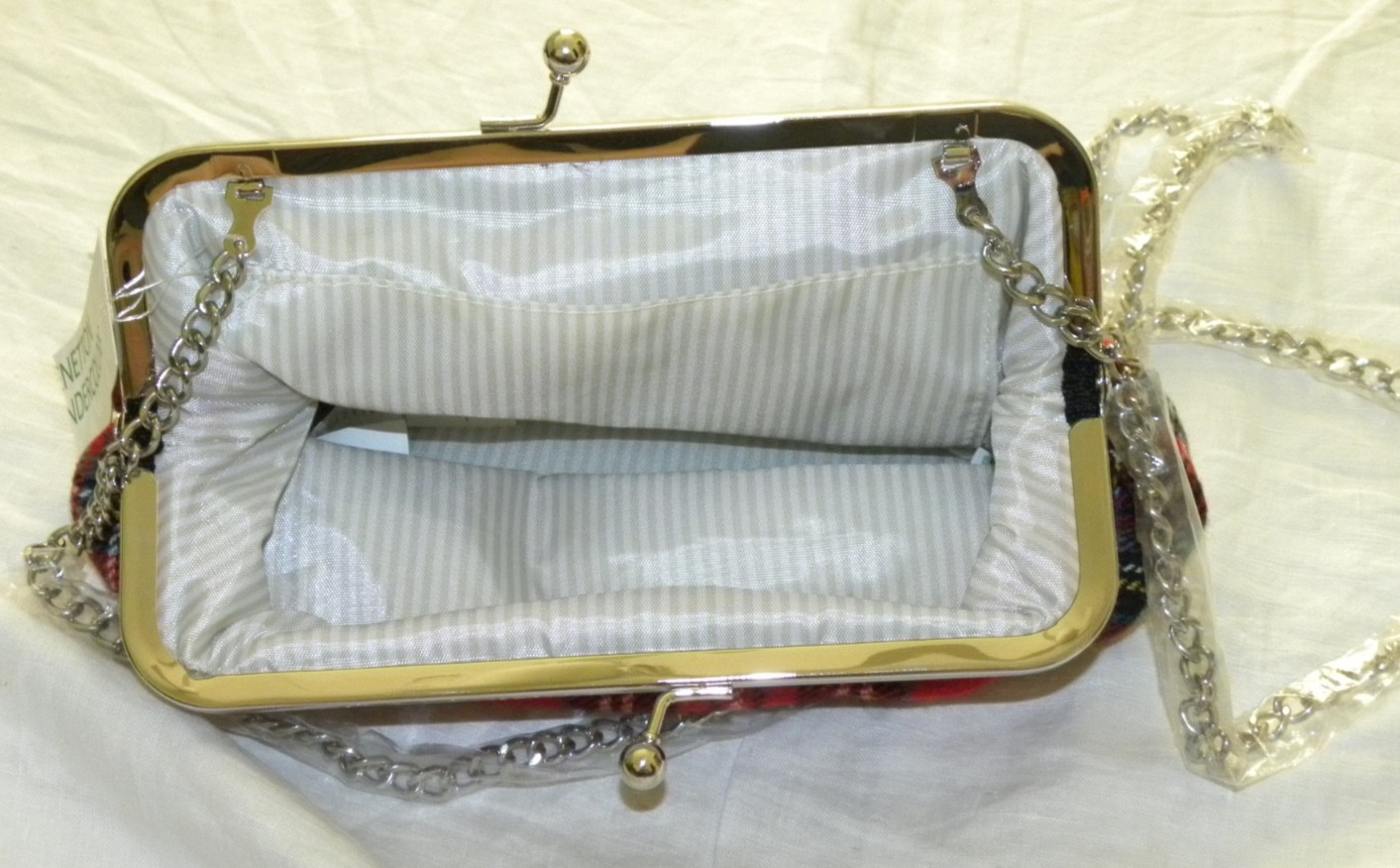 UNITED COLORS OF BENETTON Plaid Purse With Silver Chain Strap NEW