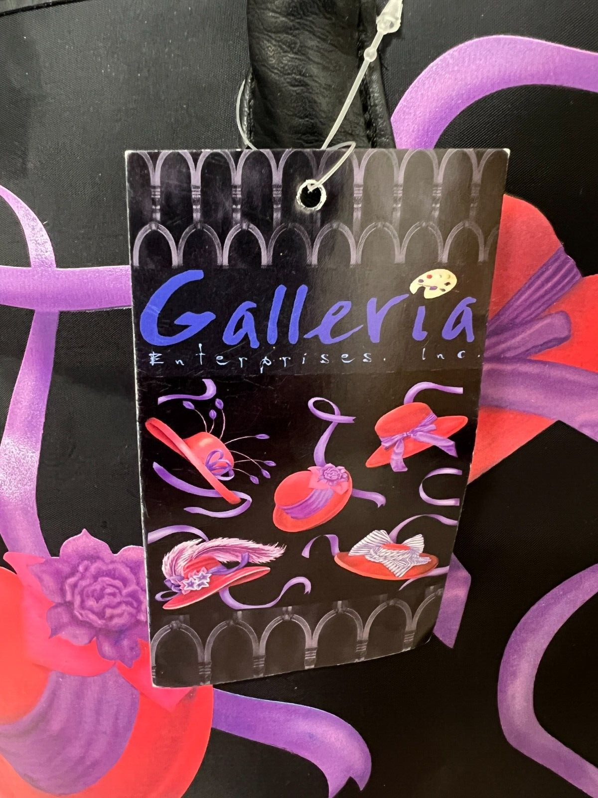 Galleria Enterprise Tote Handbag Black Pink Purple Hats Feathers Ribbon Bag