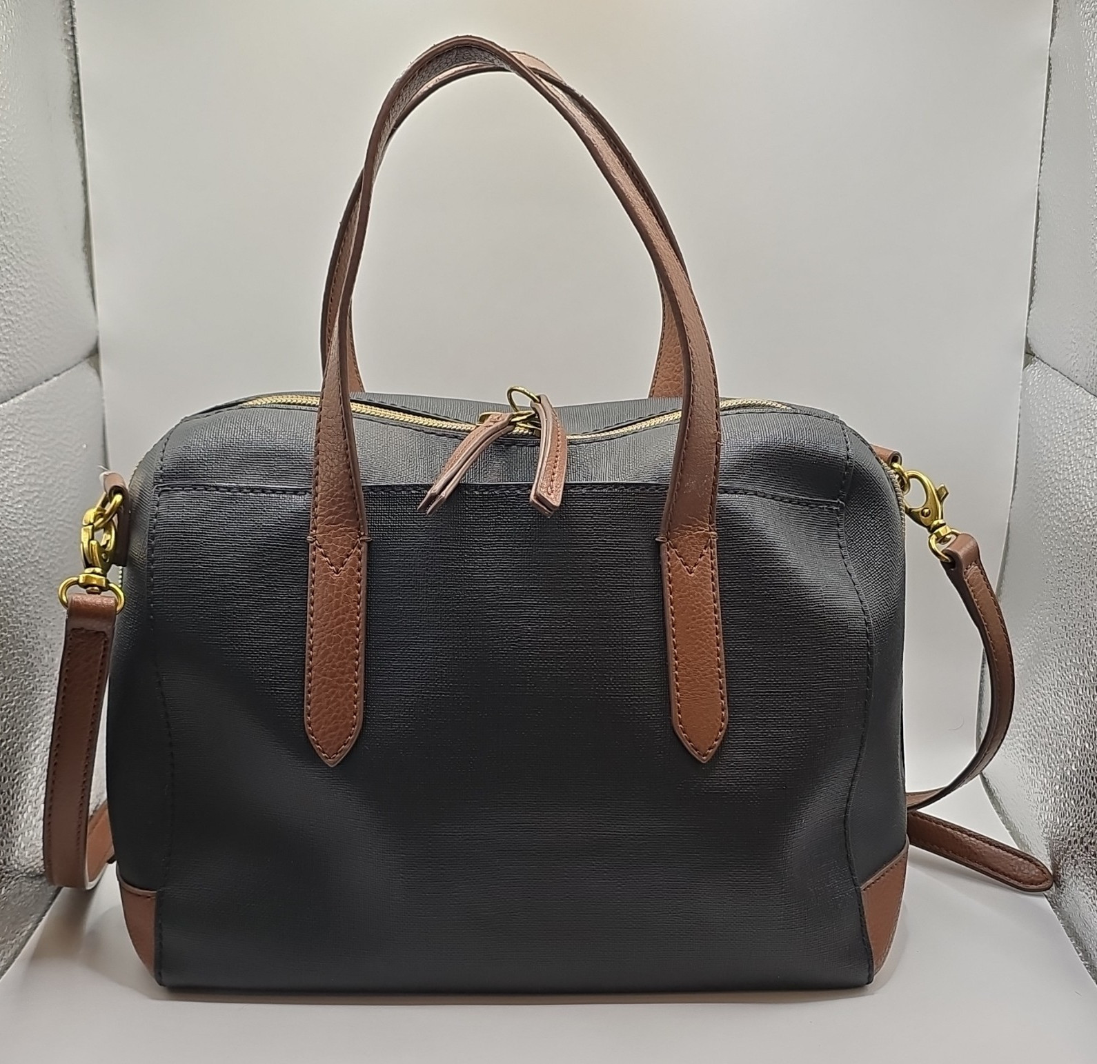 Fossil Black Satchel Top Handle Bag Brown Trim Zip Detachable Strap
