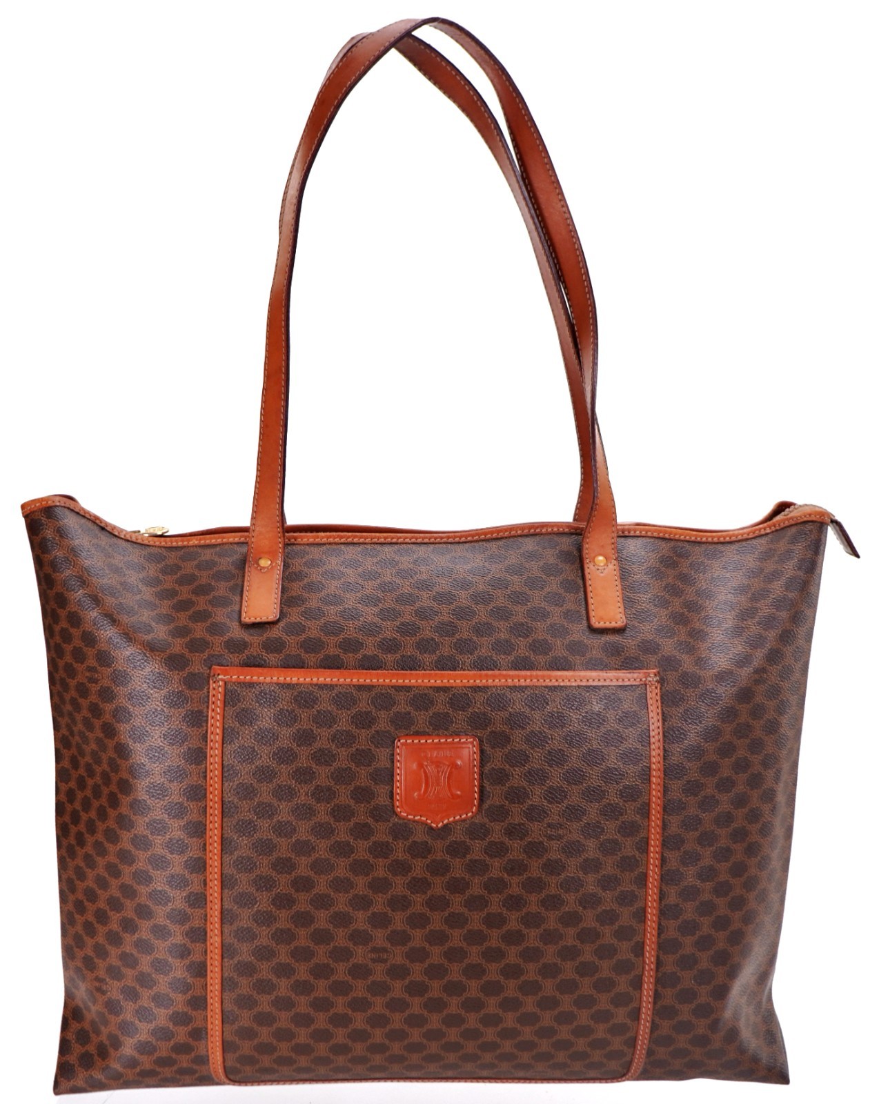 CELINE Classic Brown Triomphe Macadam Leather Oversized Shopper Tote Bag Italy