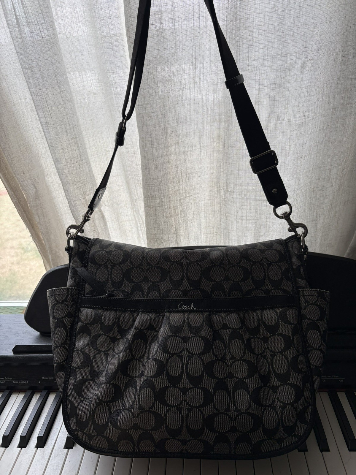 COACH Signature Diaper Baby Bag Laptop Large Tote Purse Crossbody Black & Gray